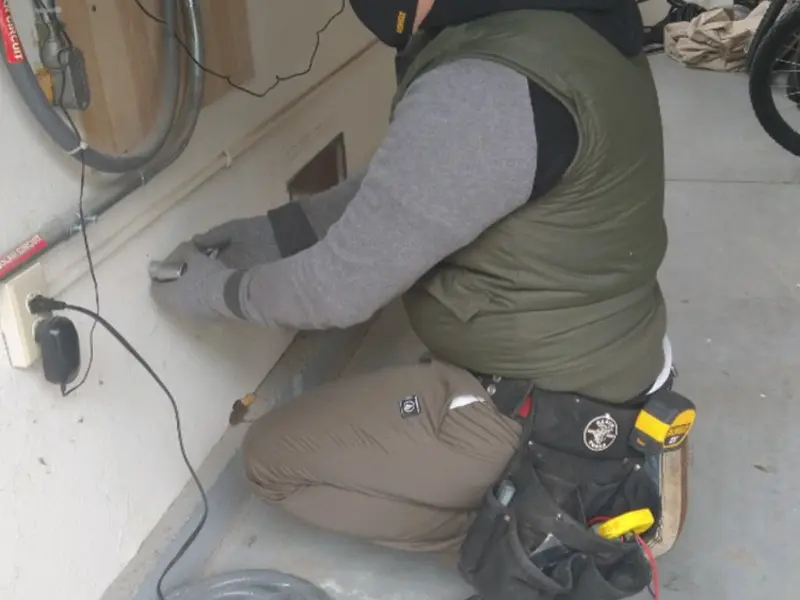 Electrician performing outlet wiring in a Auburn garage